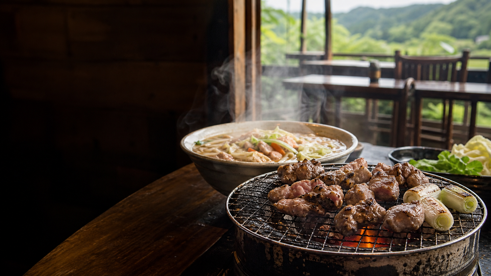 山あいの食堂で地鶏七輪焼きとちゃんぽんを囲む温かな食卓